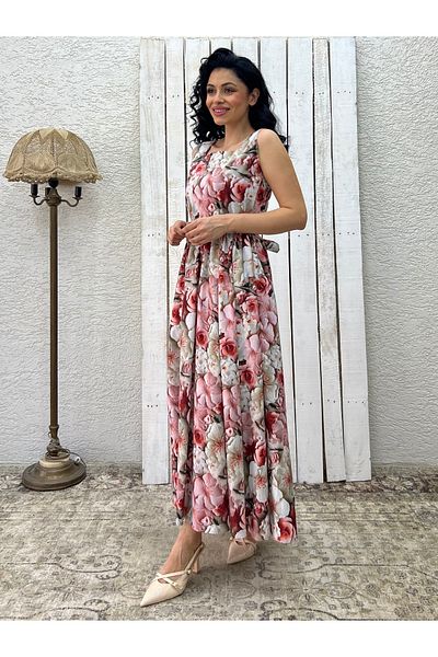 KÜÇÜĞÜM BUTİK Rochie din satin de bumbac roz cu flori mari, fara maneci