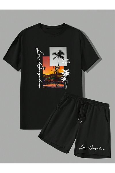 ACTIVE MODA -Men's Cotton Printed Never Look Back Tshirt-Shorts Set 2-Pack Oversize Large Size
