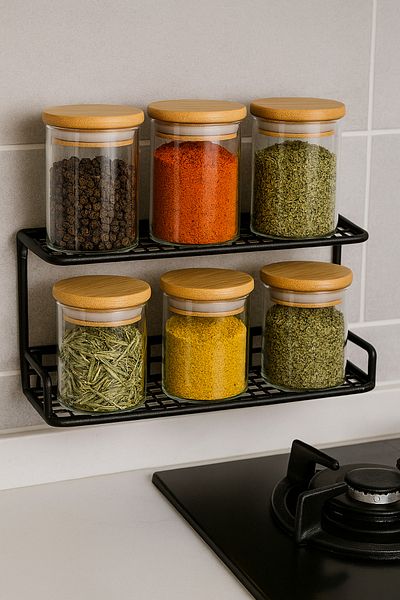 Blissra Set of 6 Glass Spice Jars |   With Bamboo Lid – Vacuum 14 Cm, Diameter 8 cm 700ml