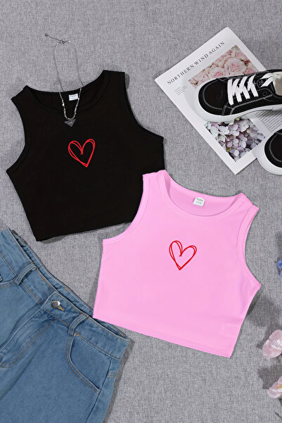 TARZ STİL Kız Çocuk Kalp Temalı 2'li Crop Tişört Seti 232326