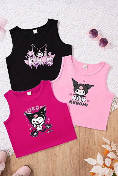 TARZ STİL Kız Çocuk Kuromi Temalı 3'lü Crop Tişört Seti 22157 23408 23447