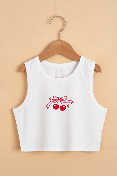 TARZ STİL Kız Çocuk Yazlık Kurdele Kiraz Baskılı Crop Tişört 23498