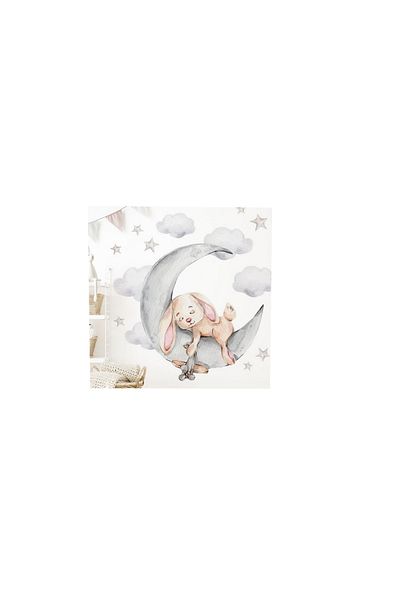 OEM Autocolante de perete pentru copii, Model Iepuras si Luna, 60x63cm