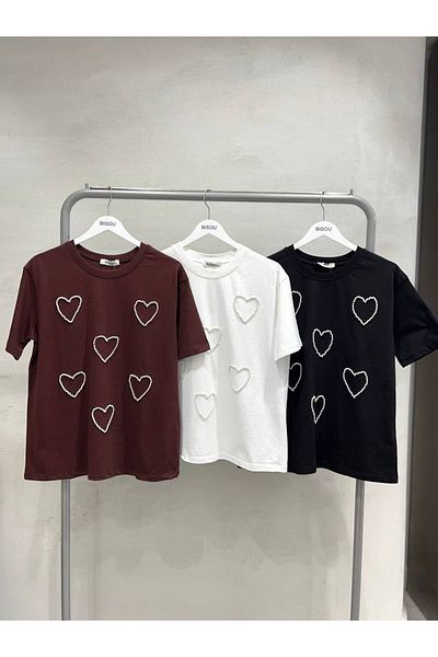 OYERGA MODA Tricou de damă cu imprimeu inimă perle
