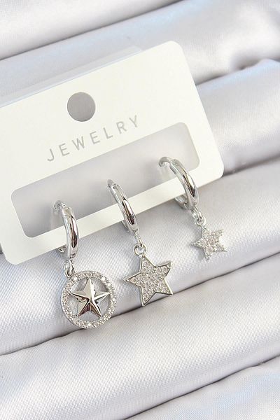 Celira Brass Zircon Stone Star Model Silver Color 3-Piece Double Women's Earring Set