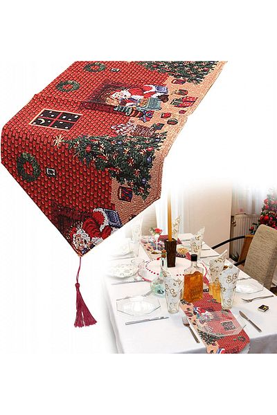 Gxhong Christmas decorative tablecloth, beige/red/green, polyester, 180 x 33 cm
