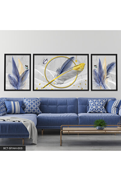 Evinemoda Mavi Tüy Gold Yuvarlak 3 Parça Siyah Çerçeveli Tablo