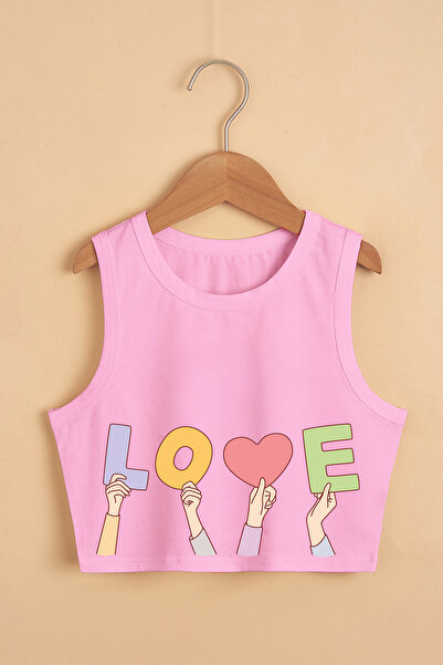 TARZ STİL Kız Çocuk Yazlık Love Eller Baskılı Crop Tişört 20478