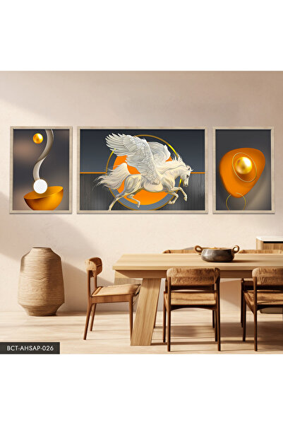 Evinemoda Kanatlı At 3 Parça Ahşap Çerçeveli Tablo