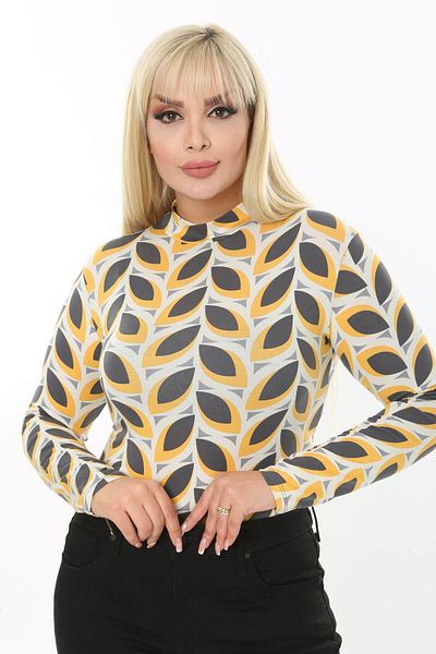 Madwilo Women's Gray Yellow Retro Pattern Plus Size Half Turtleneck Body