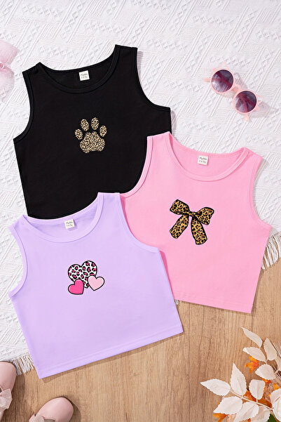 TARZ STİL Kız Çocuk Leopar pati Temalı 3'lü Crop Tişört Seti 23456 23495 23496