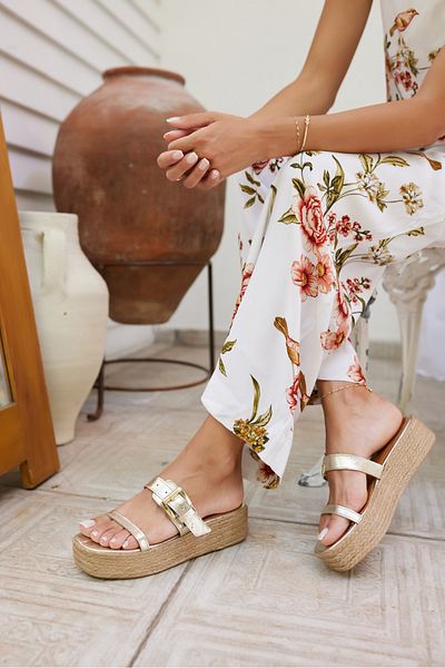 ANGELİNA JONES Luzy Women's Gold Real Leather Buckle Espadrille Slippers