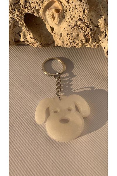 MISS GOLDEN Pearlescent White Dog Face Keychain Handmade Handmade Epoxy Gift