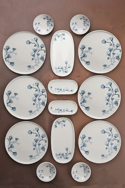 Manaferra Luna 6-Person 14-Piece Porcelain Breakfast Set & Breakfast Set Blue White