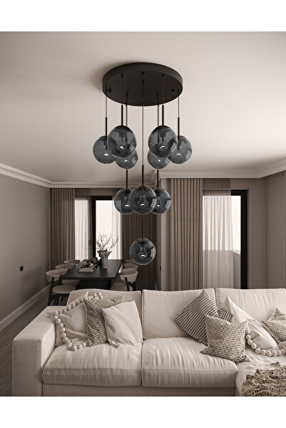 avizade ECLIPSE Modern 10'lu Sarkıt Siyah Metal Avize - Füme Renk Cam Küre, E27 Duy, Dekoratif Aydınlatma