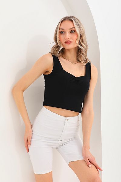 Shine Fine Women's Athlete Wide Neck Fit Black Ribbed Crop Blouse