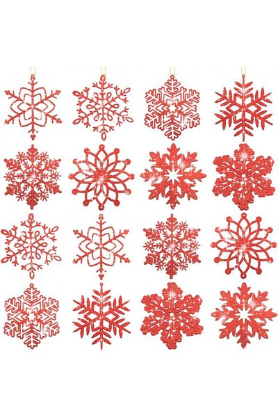 OEM Set of 16 Fangoo glitter Christmas snowflakes, plastic, red, 12.7 cm