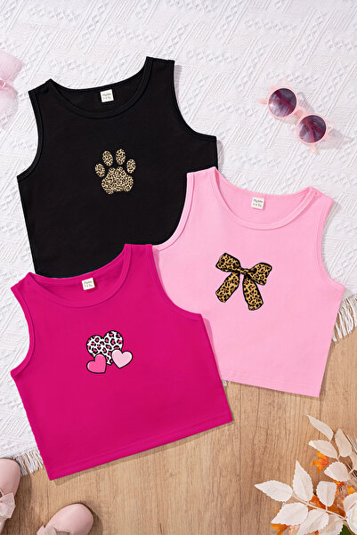TARZ STİL Kız Çocuk Leopar pati Temalı 3'lü Crop Tişört Seti 23456 23495 23496
