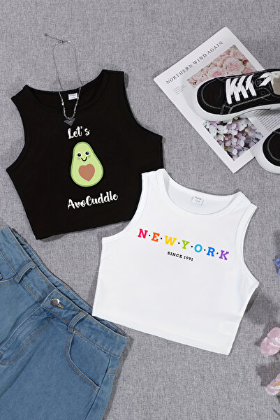 TARZ STİL Kız Çocuk Yazlık avakado ve Newyork Baskılı 2'li Crop Tişört Seti 2...