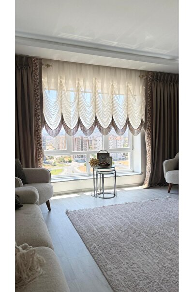 DİLETTO Beige Tasseled Steel Tulle Balloon Curtain (Ironing Not Required)