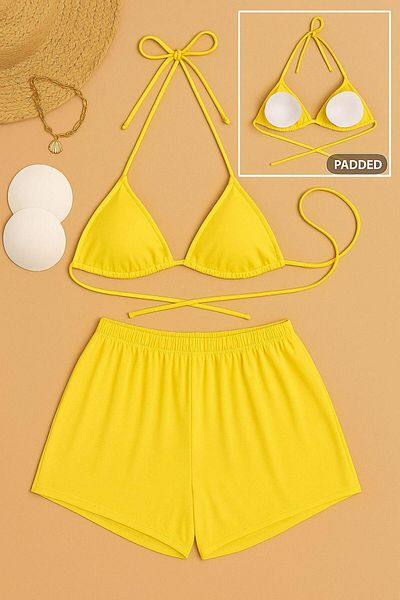 Stail Moda Women's Yellow and Blue 2-Piece Side and Neck Tie Shorts Triangle Bikini Nightdress Sea Suit