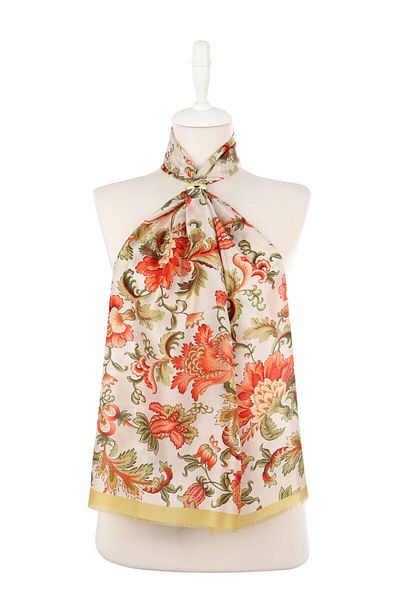 Bursa İpek Acid Green Flower Pattern Voile Silk Scarf