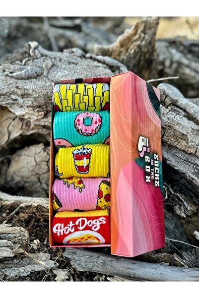 MODA 5'li Kutulu Fast Food Sosis Patates Pizza Desenli Renkli Eğlenceli Soket Çorap Set