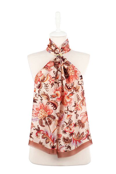 Bursa İpek Brown Floral Pattern Voile Silk Scarf