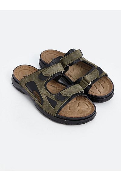 LC Waikiki Khaki Double Striped Velcro Men's Slippers