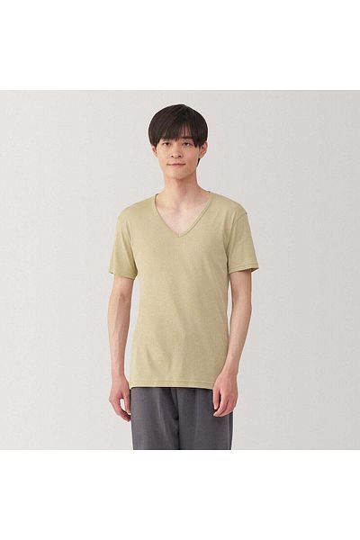 Muji تي شيرت قطني ماص للرطوبة بأكمام قصيرة ورقبة على شكل حرف V