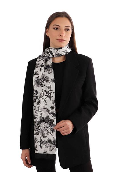 Bursa İpek Black Floral Pattern Voile Silk Scarf