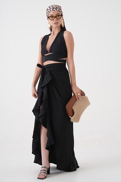 Saade Black Maxi Length Woven Flounced Beach Skirt