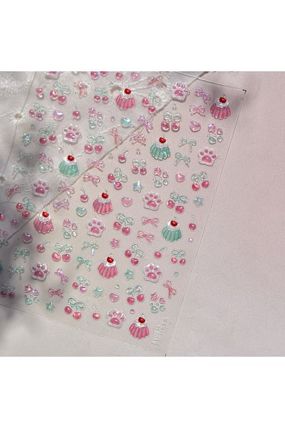 NAILFYOU TO5082 5D Pudding Jelly Dessert Fruit Cherry Pink Claw Print Bowknot Tie knot Love Heart Stars Nail