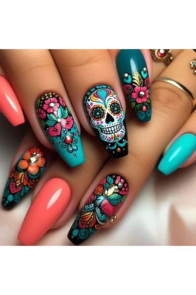 Choice3 XY-703 24-Piece Medium-Length Ballet Press-On Nails Kit - Reusable Multicolor Floral Design Fake Nai