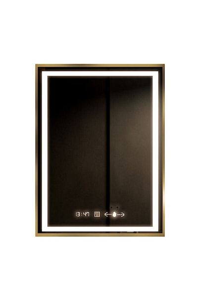 OPTIM DEKO Oglindă de baie premium cu LED tactil, sistem anti-aburire și ceas, ramă aurie 60x80 cm