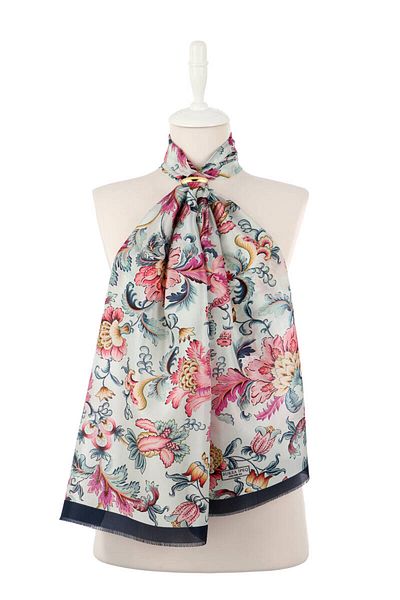 Bursa İpek Navy Blue Floral Pattern Voile Silk Scarf