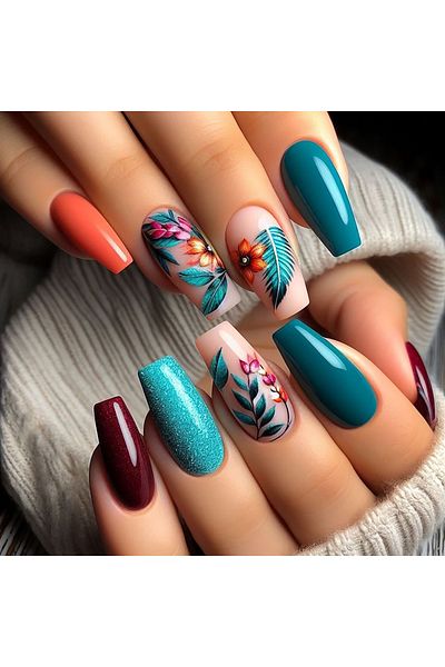 Choice1 XY-700 24-Piece Medium-Length Ballet Press-On Nails Kit - Reusable Multicolor Floral Design Fake Nai