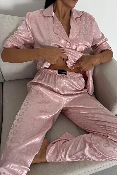 COCCOLARSI Tigre Affascinante Pudra Pembesi Jakarlı Saten Kısa Kol Pantolon Pijama Takımı