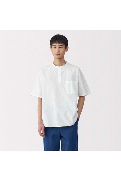 Muji تي شيرت بأكمام قصيرة ورقبة هنلي منسوجة بتصميم رائع الملمس