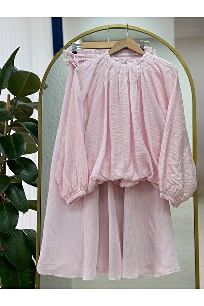MİHRA STORE Miruna Wavy Linen Voile Balloon Sleeve Skirt Suit-Mf1794 Pink