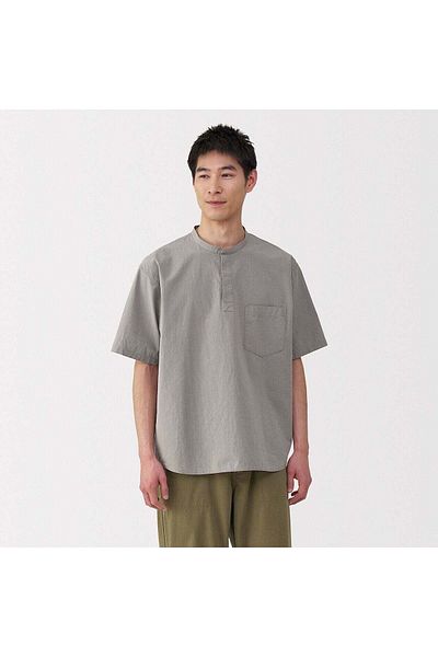 Muji تي شيرت بأكمام قصيرة ورقبة هنلي منسوجة بتصميم رائع الملمس