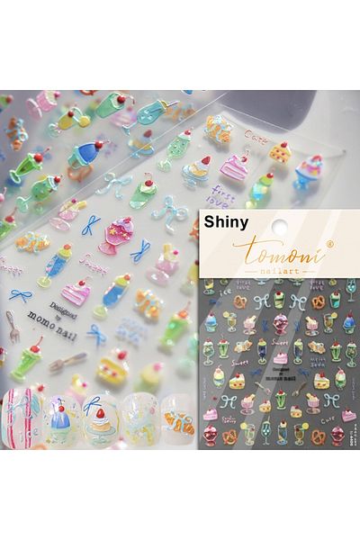 Choice TO4406 5D colorful food nail stickers pudding alkaline water bow cream fork cup bread jelly fruit de