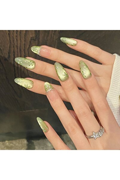 Choice 10 قطع من أظافر صناعية قصيرة بيضاوية الشكل مطبوعة بالزهور باللون الأخض...