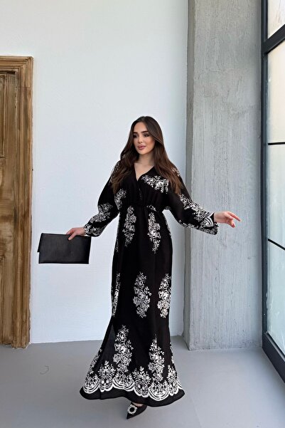 mezqa Γυναικείο φόρεμα με μακρύ μανίκι διπλό πέτο με σχέδιο με λαιμόκοψη