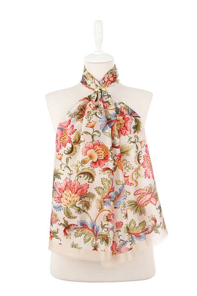 Bursa İpek Cream Flower Pattern Voile Silk Scarf
