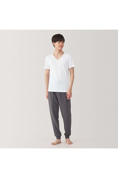 Muji تي شيرت قطني ماص للرطوبة بأكمام قصيرة ورقبة على شكل حرف V