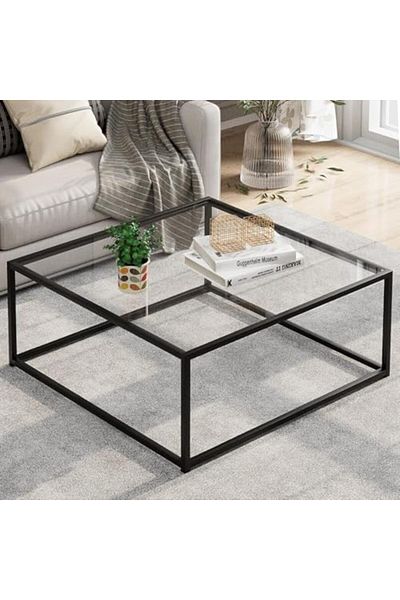 l'elefante Modern Floor Hospitality Table – Square Clear Glass Top with Black Metal Frame