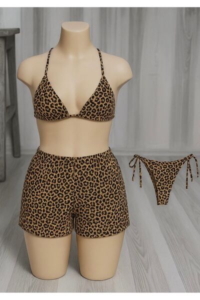 Stail Moda Γυναικείο 3 τεμάχιο Leopard Side and Halter Triangle Bikini Μαγιό Νυχτικό Ναυτικό Ομάδα