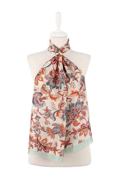 Bursa İpek Water Green Floral Pattern Voile Silk Scarf