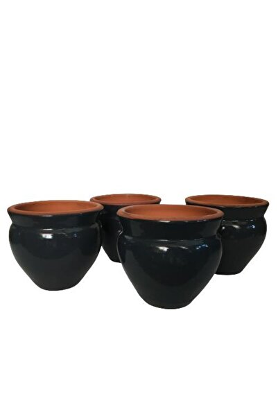 Genel Markalar Dört Adet Sırlı Boyunlu Saksı (Antrasit Renk)